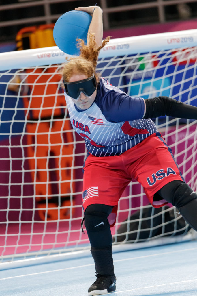 Ali Lawson winds up to throw a goalball during the 2019 Parapan American Games In Lima, Peru