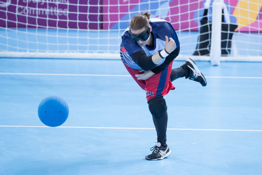 Lisa Czechowski throws a goalball toward her opponent's goal during the 2019 Parapan American Games in Lima, Peru.