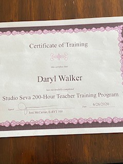 A certificate showing Daryl's completion of his 200-hour teacher training program.