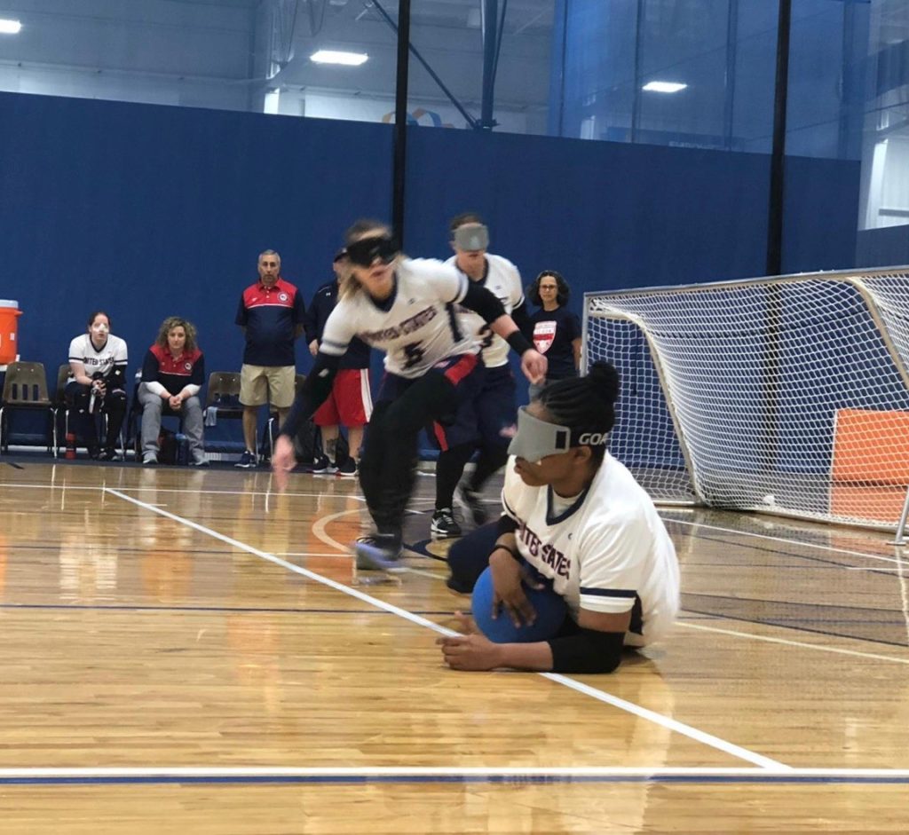 Shavon Lockhardt stops a goalball in front of her net during the 2019 IBSA Goalball International Qualifier in Fort Wayne, Indiana